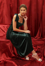 Load image into Gallery viewer, Velvet Tie Strap Pleated Midi/Maxi Dress - Hunter Green
