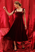 Load image into Gallery viewer, Velvet Tie Strap Pleated Midi/Maxi Dress - Burgundy
