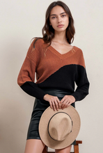 Load image into Gallery viewer, Asymmetric Colorblock Tie Back Sweater - Black/Burnt Orange
