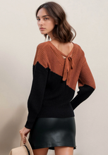 Load image into Gallery viewer, Asymmetric Colorblock Tie Back Sweater - Black/Burnt Orange
