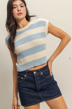 Load image into Gallery viewer, Ribbed Knit Striped Short Sleeve - Light Blue / White
