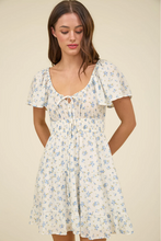 Load image into Gallery viewer, Floral Front Tie Short Sleeve Mini Dress - Blue White
