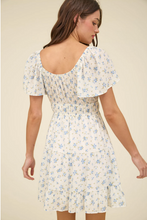 Load image into Gallery viewer, Floral Front Tie Short Sleeve Mini Dress - Blue White
