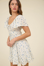 Load image into Gallery viewer, Floral Front Tie Short Sleeve Mini Dress - Blue White
