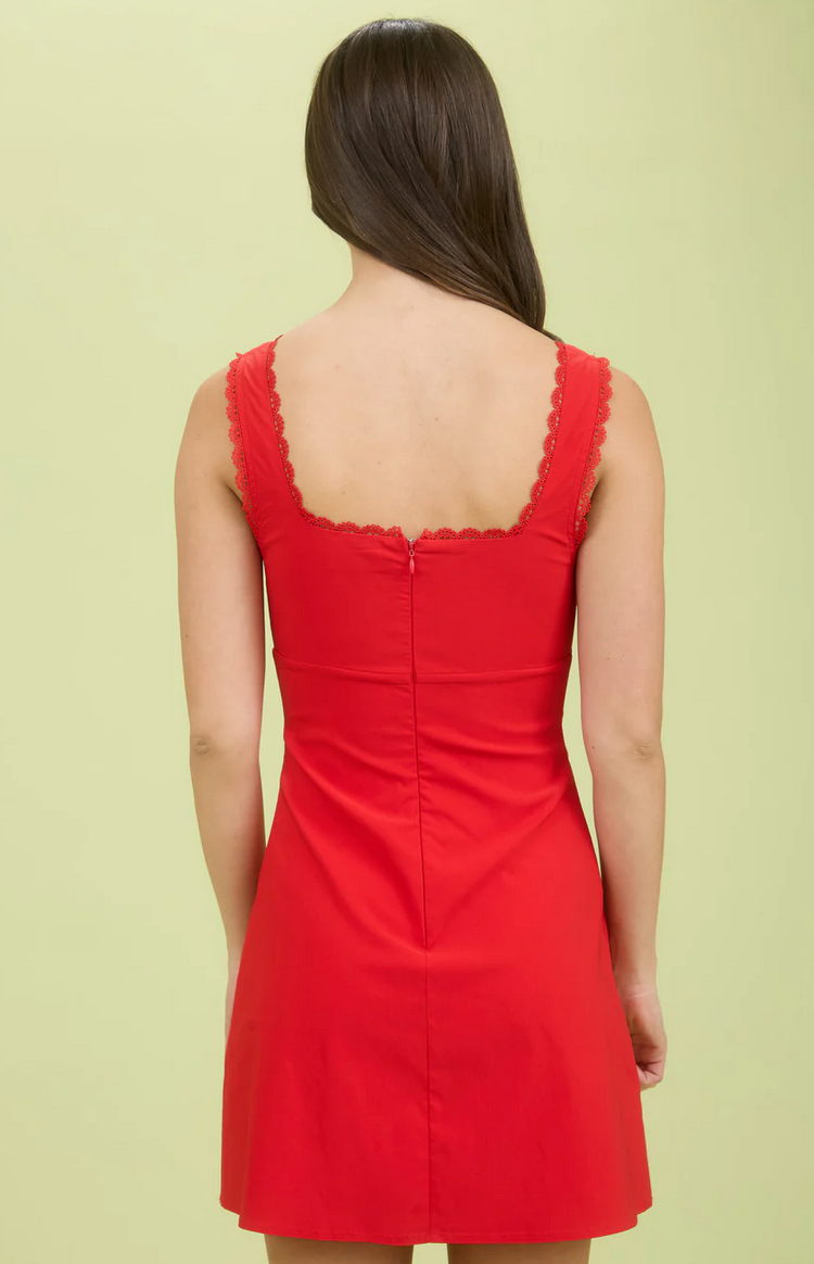 Lace Trim Sweetheart Neck Mini Dress - Red Large