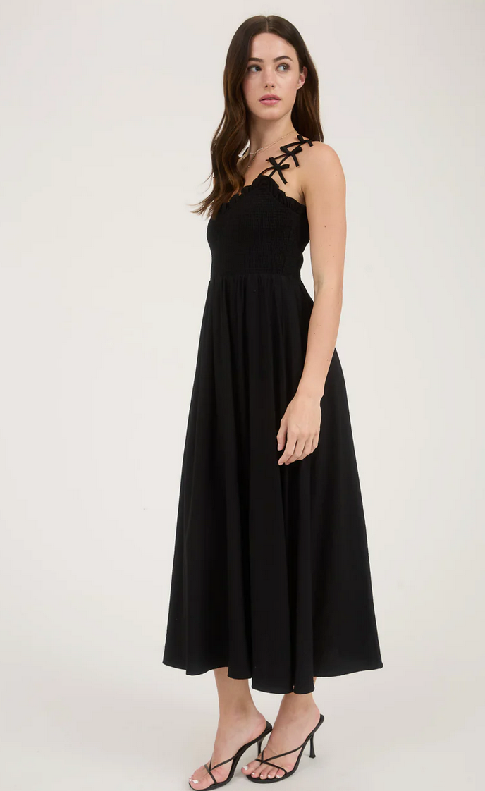 Sweetheart Smocked Bow Strap Midi Dress - Black Medium