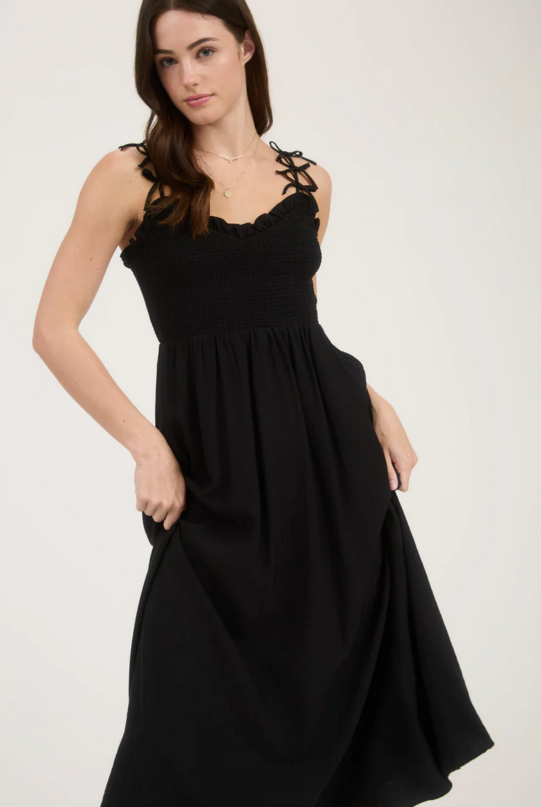 sweetheart bow strap midi dress Sweetheart Smocked Bow Strap Midi Dress