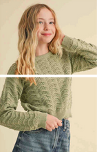 Load image into Gallery viewer, Scallop Pointelle Crewneck Top Olive - Youth

