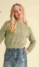 Load image into Gallery viewer, Scallop Pointelle Crewneck Top Olive - Youth
