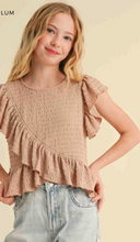 Load image into Gallery viewer, Asymmetrical Ruffle Peplum Top Taupe - Youth
