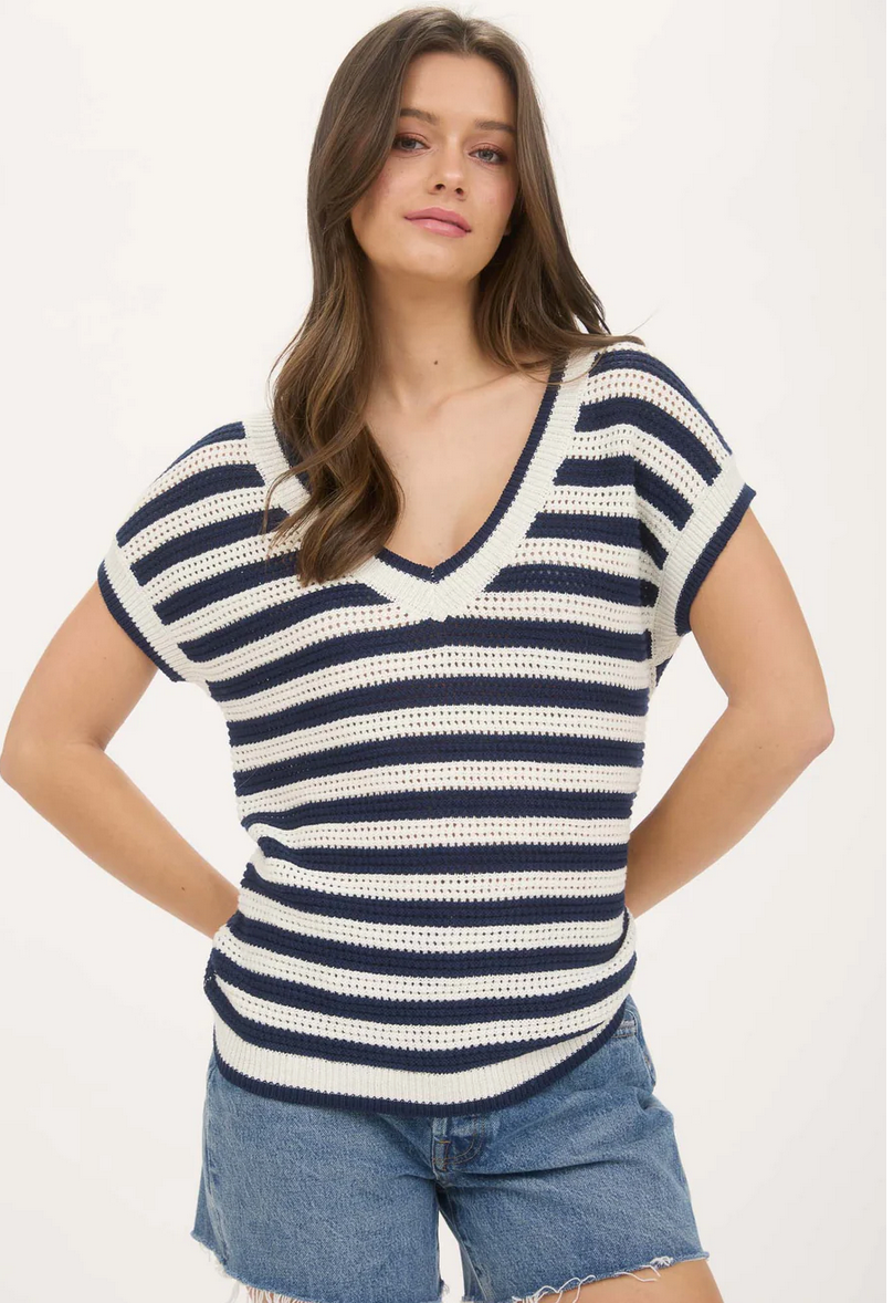 Crochet Knit Short Sleeve Sweater - Navy White – Isa Roe