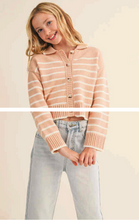 Load image into Gallery viewer, Button Up Collared Striped Sweater- Salmon/Ivory

