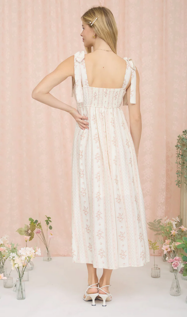 Stripe Floral Pattern Empire Midi Dress