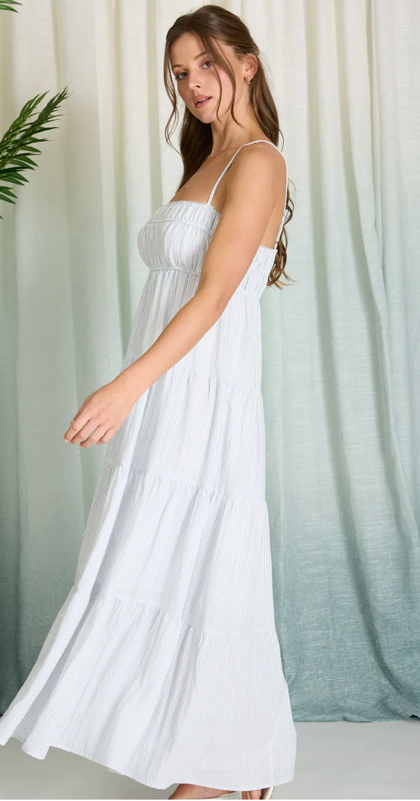 Stripe Shirred Empire Waist Midi Dress