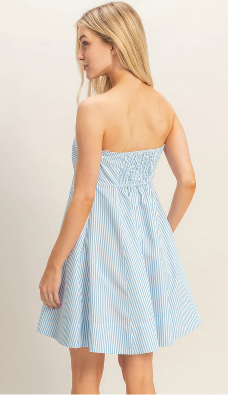 Striped Strapless A-Line Dress - Light Blue Medium Striped Strapless A-Line Dress - Light Blue Medium