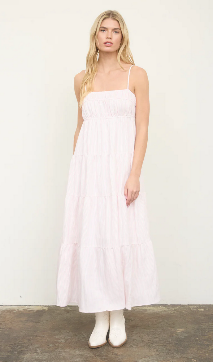 Stripe Shirred Empire Waist Midi Dress - Light Pink Isa Roe Stripe Shirred Empire Waist Midi Dress - Light Pink Isa Roe