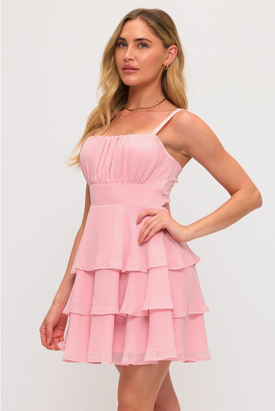 pink chiffon dress Tie Back Chiffon Layered Mini Dress