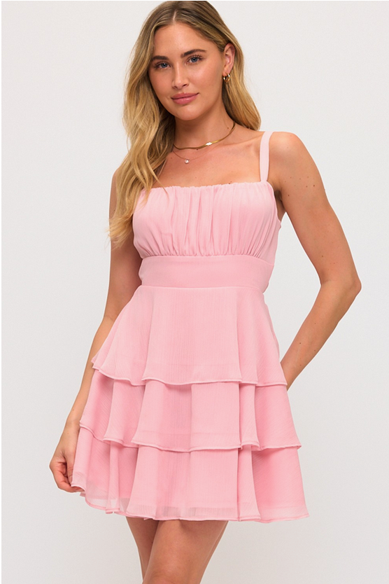 pink layered mini dress Tie Back Chiffon Layered Mini Dress
