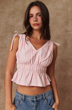 Load image into Gallery viewer, Tie Shoulder  Peplum Stripe Top - Pink/White