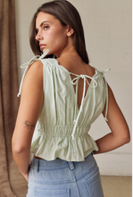 Load image into Gallery viewer, Tie Shoulder  Peplum Stripe Top - Green/White