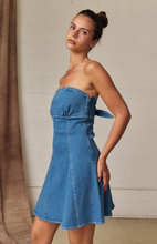 Load image into Gallery viewer, Strapless Denim Tie Back Dress