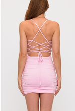 Load image into Gallery viewer, Glitter Ruched Lace Up Mini Dress - Pink