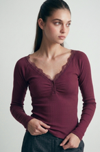 Load image into Gallery viewer, Lace Trim Ribbed Henley - Wine