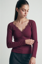 Load image into Gallery viewer, Lace Trim Ribbed Henley - Wine