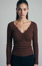 Load image into Gallery viewer, Lace Trim Ribbed Henley - Chocolate