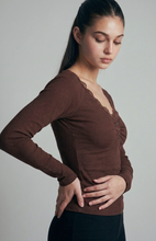 Load image into Gallery viewer, Lace Trim Ribbed Henley - Chocolate