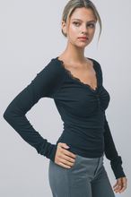 Load image into Gallery viewer, Lace Trim Ribbed Henley - Black