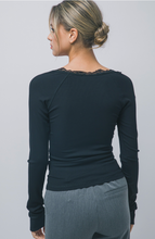 Load image into Gallery viewer, Lace Trim Ribbed Henley - Black