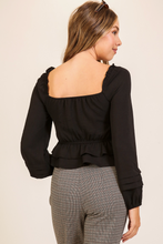 Load image into Gallery viewer, Ruched Peplum Long Sleeve - Black