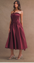 Load image into Gallery viewer, Strapless Pleated Tube Midi Dress - Burgundy