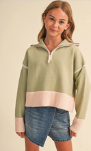 Load image into Gallery viewer, Half Zip Sailor Collar Sweater Sage/Pink - Youth