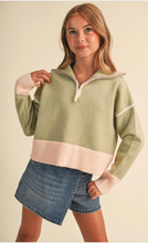 Load image into Gallery viewer, Half Zip Sailor Collar Sweater Sage/Pink - Youth