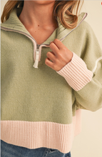 Load image into Gallery viewer, Half Zip Sailor Collar Sweater Sage/Pink - Youth