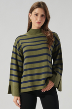 Load image into Gallery viewer, Striped Turtleneck Wide Sleeve Sweater - Olive Multi