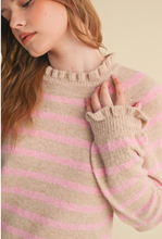 Load image into Gallery viewer, Ruffled Hem Striped Sweater - Taupe/Pink