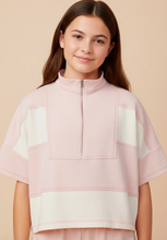 Load image into Gallery viewer, Boxy Half Zip Short Sleeve Sweater Pink - Youth