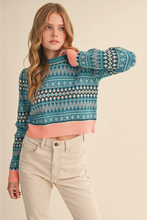 Load image into Gallery viewer, Semi Cropped Fair Isle Sweater - Blue/Pink