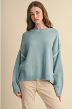 Load image into Gallery viewer, Oversized Contrast Blanket Stitch Sweater - Light Teal Blue