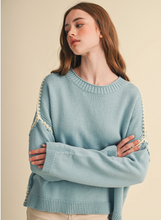 Load image into Gallery viewer, Oversized Contrast Blanket Stitch Sweater - Light Teal Blue