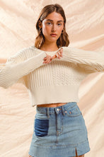 Load image into Gallery viewer, Cable Knit Crop Sweater Ribbed Hem - Ivory
