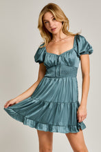 Load image into Gallery viewer, Satin Short Sleeve Tiered Mini Dress - Dusty Blue
