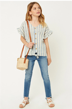 Load image into Gallery viewer, Stripe Linen Button Down Blue - Youth